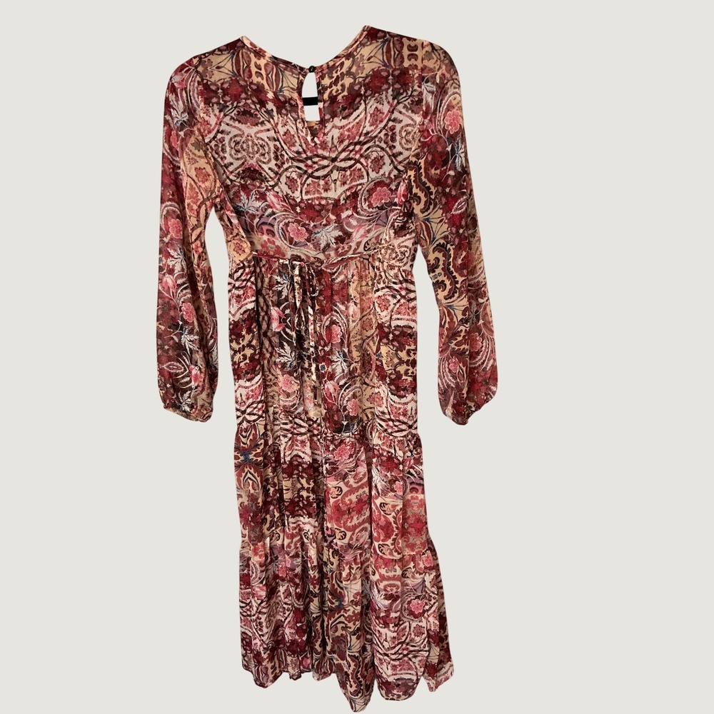 Knox Rose Womens Boho Paisley Embroidered Tiered Midi Dress Burgundy Small - Picture 7 of 7